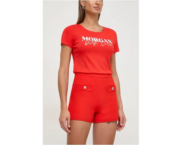 Morgan pantaloni scurti femei, culoarea rosu, neted, high waist