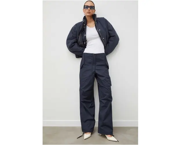 Samsoe Samsoe pantaloni de bumbac culoarea albastru marin, lat, high waist
