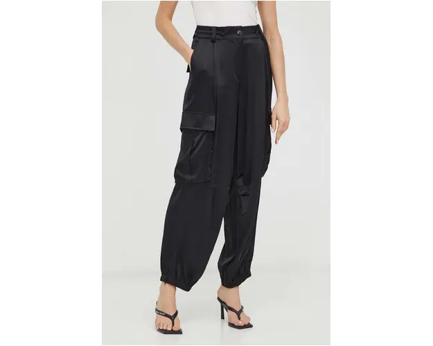 Herskind pantaloni femei, culoarea negru, fason cargo, high waist