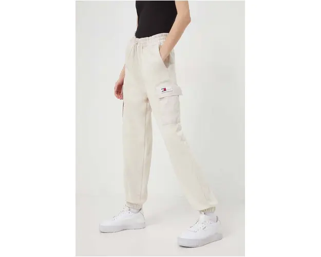 Tommy Jeans pantaloni de trening culoarea bej, uni DW0DW17313