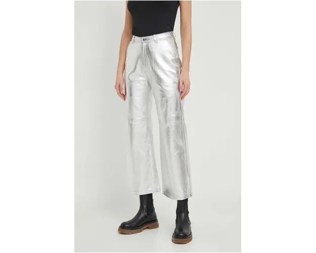 Pepe Jeans pantaloni de piele femei, culoarea argintiu, drept, high waist