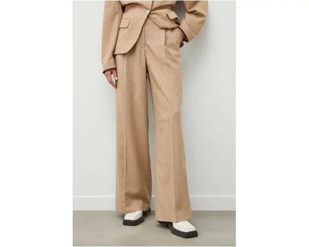 Remain pantaloni de trening cu amestec de lana culoarea bej, drept, high waist