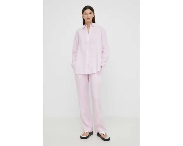 Samsoe Samsoe pantaloni din in HOYS culoarea roz, drept, medium waist, F23900002