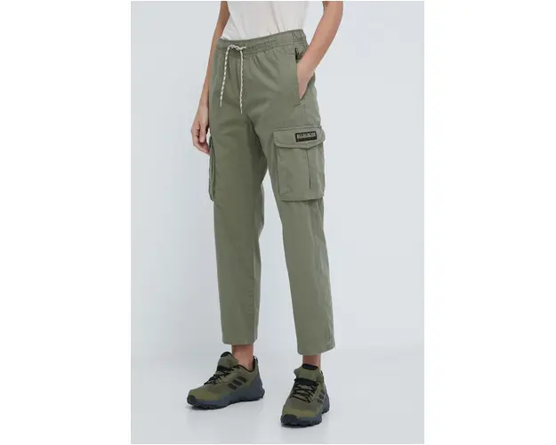 Napapijri pantaloni de bumbac culoarea verde, drept, high waist