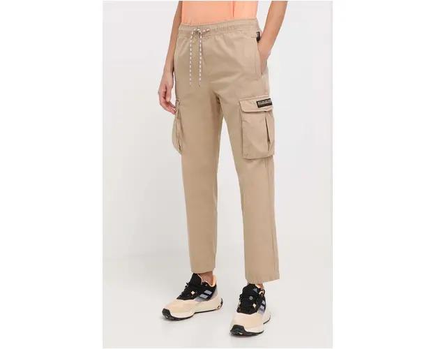 Napapijri pantaloni de bumbac culoarea bej, drept, high waist