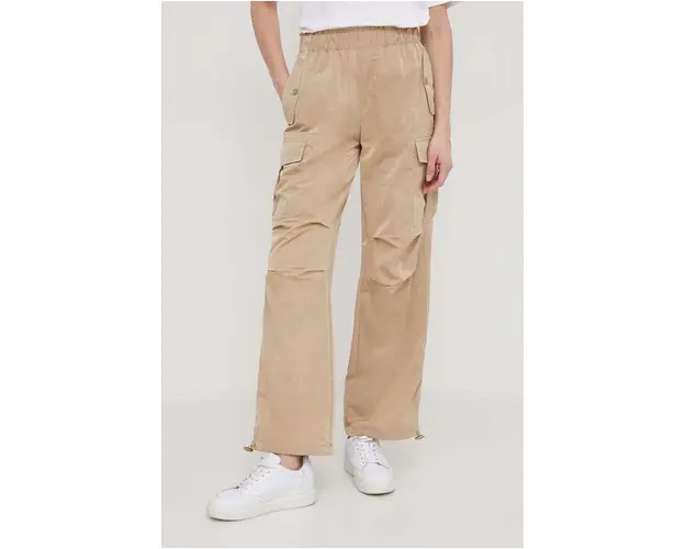 Sisley pantaloni femei, culoarea bej, drept, high waist