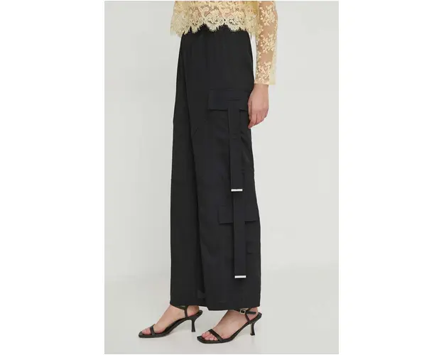 Sisley pantaloni femei, culoarea negru, lat, high waist