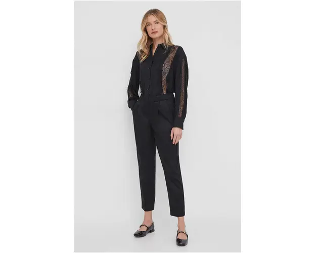 Sisley pantaloni femei, culoarea negru, fason tigareta, high waist
