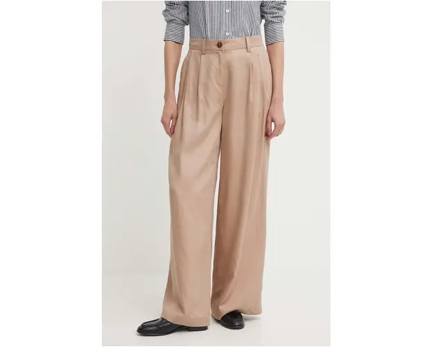 Sisley pantaloni femei, culoarea bej, lat, high waist