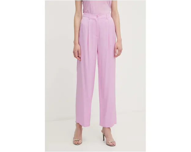Sisley pantaloni femei, culoarea roz, drept, high waist