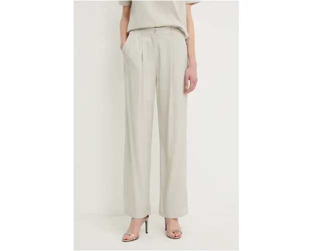 Sisley pantaloni femei, culoarea bej, drept, high waist