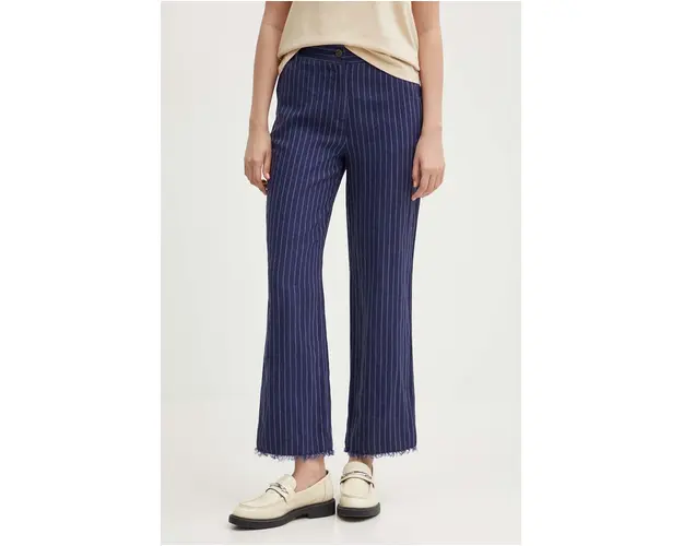 Sisley pantaloni din in culoarea albastru marin, drept, high waist
