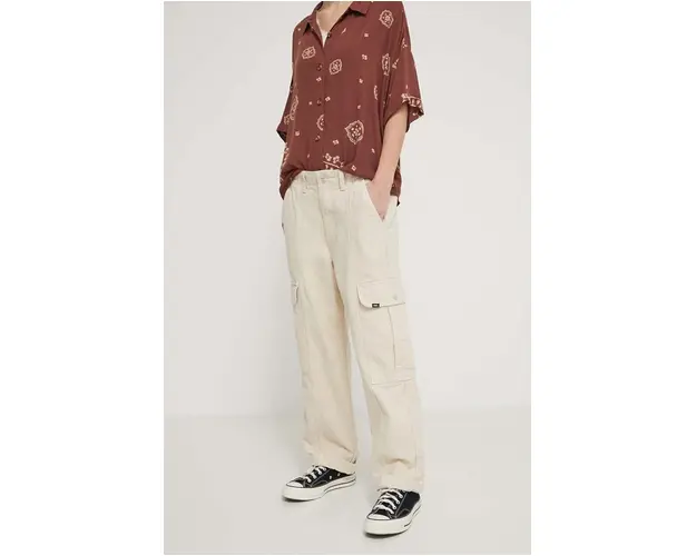 Vans pantaloni de bumbac culoarea bej, drept, high waist