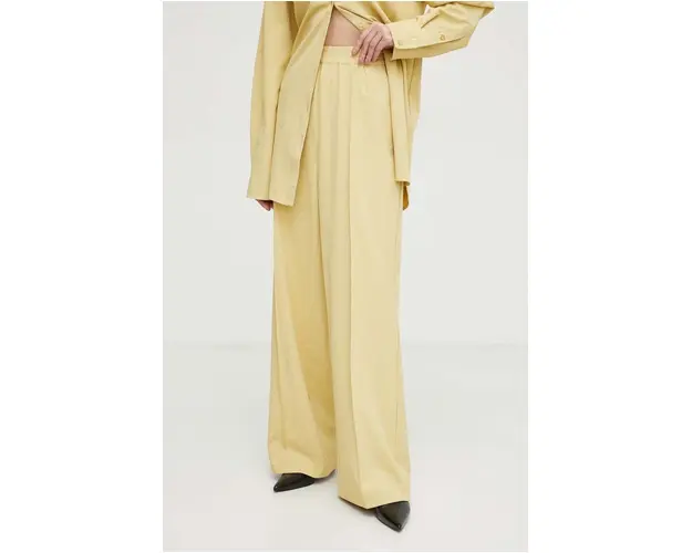Gestuz pantaloni femei, culoarea galben, lat, high waist 10908850