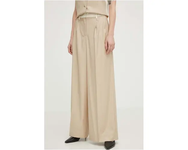 Remain pantaloni din lana culoarea bej, drept, high waist