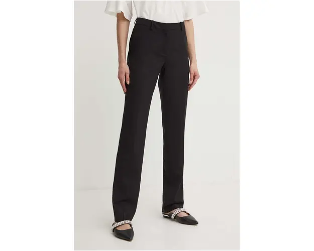 BOSS pantaloni de lana culoarea negru, drept, high waist, 50490045