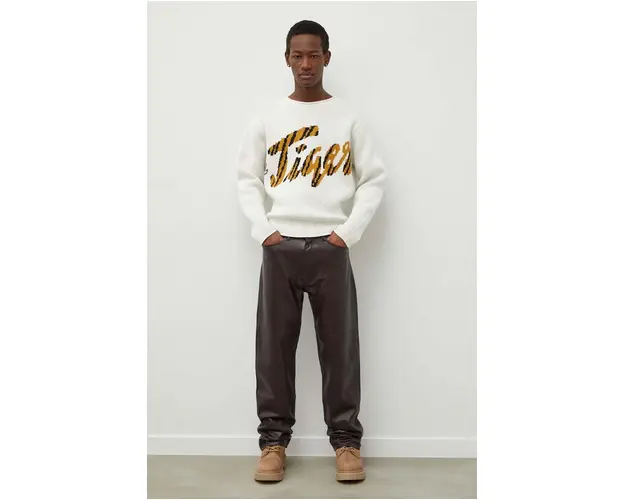 Tiger Of Sweden pantaloni de piele barbati, culoarea maro, drept
