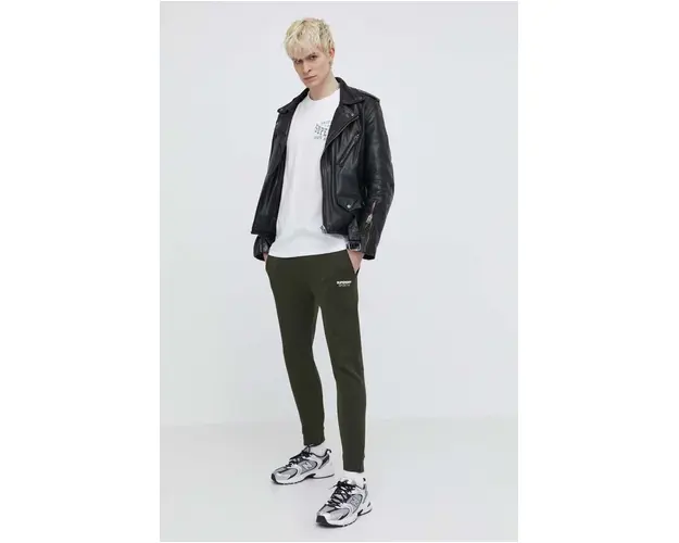 Superdry pantaloni de trening culoarea verde, neted