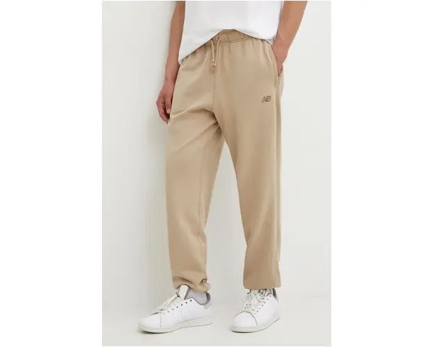 New Balance pantaloni de trening din bumbac culoarea bej, neted