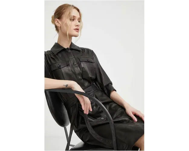 Bruuns Bazaar rochie de piele culoarea negru, mini, drept