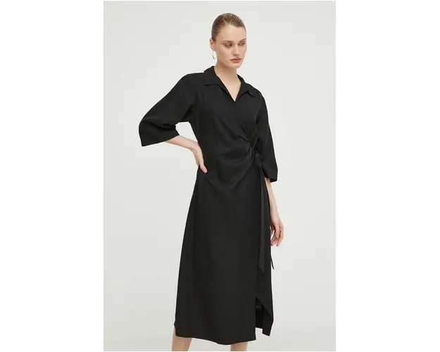 Samsoe Samsoe rochie din amestec de in culoarea negru, midi, evazati