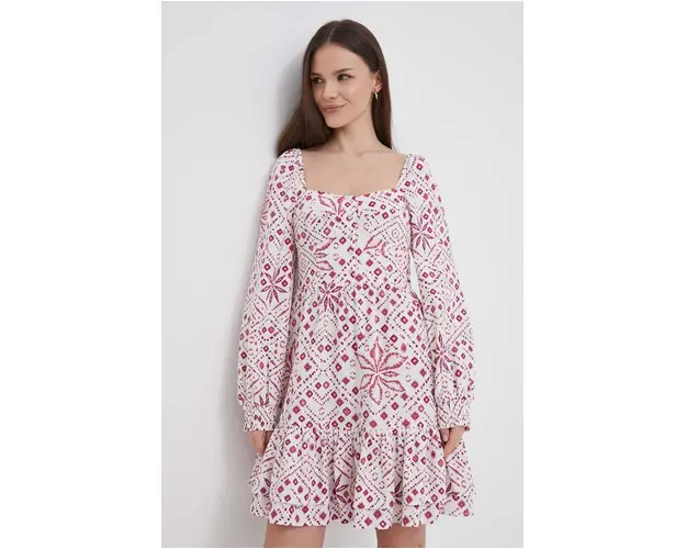 Pepe Jeans rochie din amestec de in culoarea alb, mini, evazati