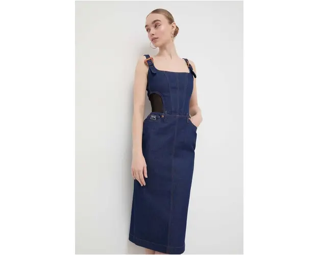 Versace Jeans Couture rochie jeans culoarea albastru marin, midi, drept