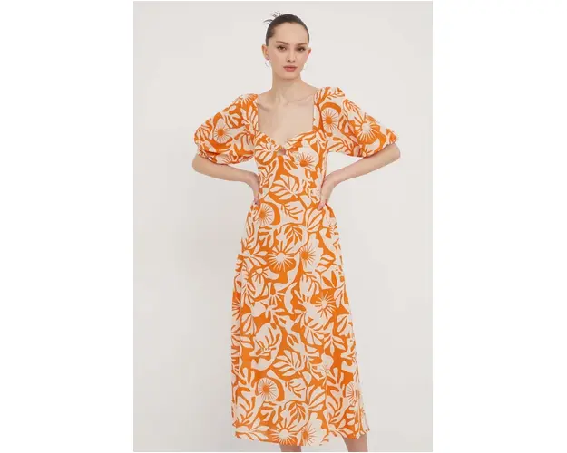 Billabong rochie din bumbac culoarea portocaliu, midi, evazati