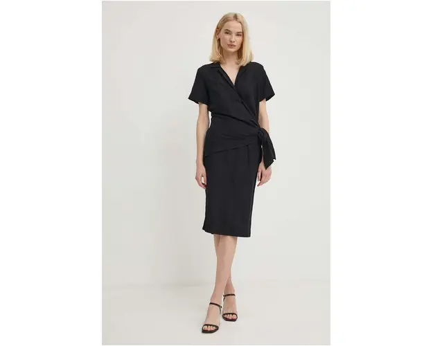 Sisley rochie din in culoarea negru, midi, drept