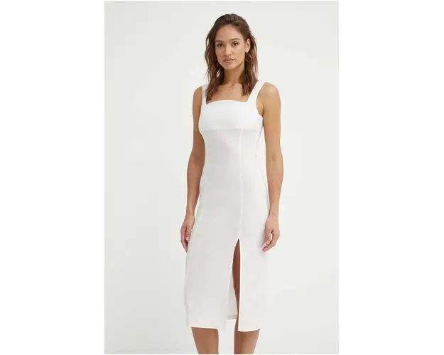 Sisley rochie din in culoarea bej, midi, drept