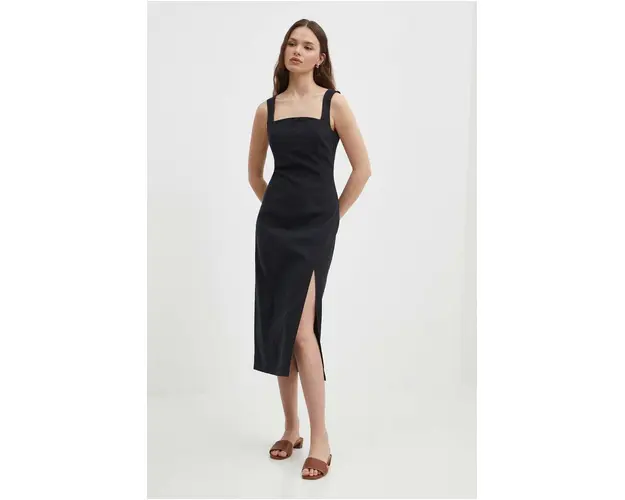 Sisley rochie din in culoarea negru, midi, drept