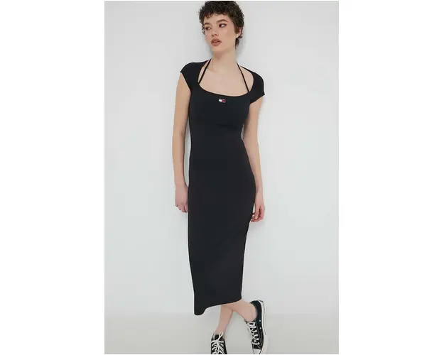 Tommy Jeans rochie culoarea negru, midi, mulata DW0DW17943