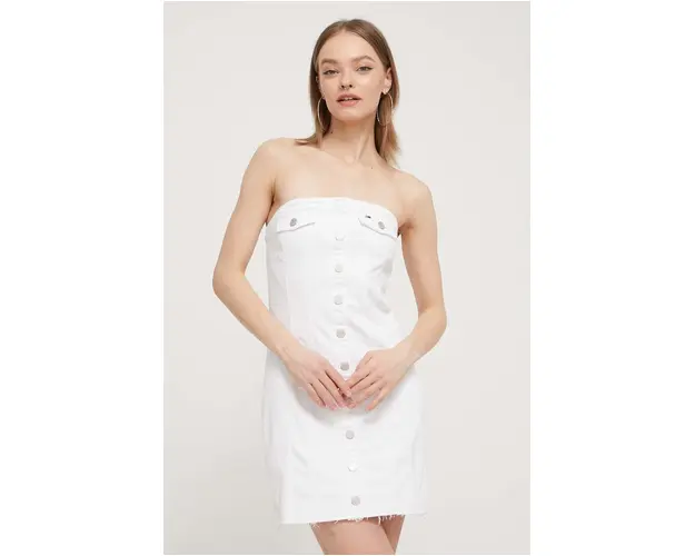 Tommy Jeans rochie din denim culoarea alb, mini, mulata DW0DW18118