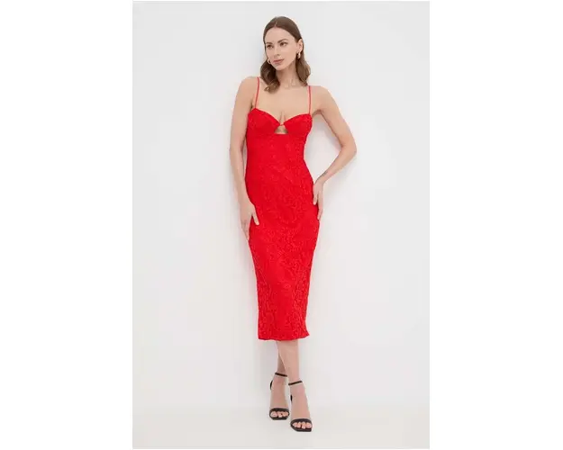 Bardot rochie culoarea rosu, midi, mulata