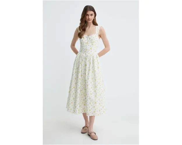 Bardot rochie din in culoarea galben, midi, evazati