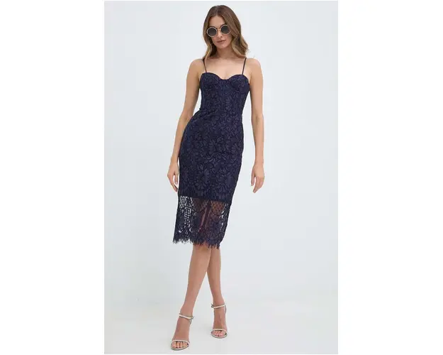 Bardot rochie FLORENCE culoarea albastru marin, midi, mulata, 58401DB