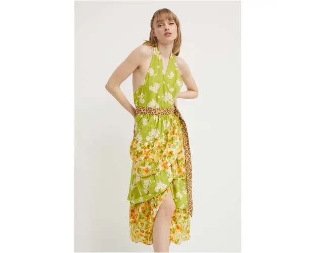 Never Fully Dressed rochie din bumbac culoarea verde, maxi, evazati