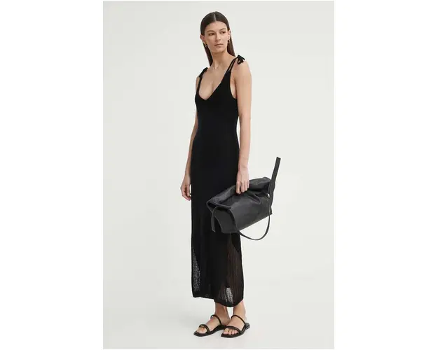 AERON rochie din in COUNT culoarea negru, maxi, evazati, AW24SSDR515505