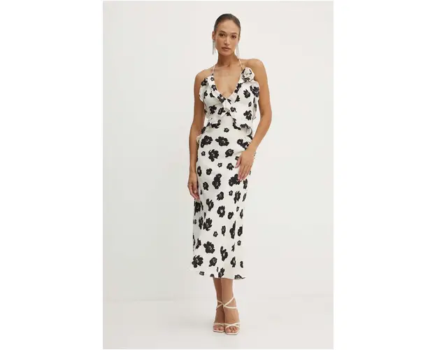 Bardot rochie OLEA culoarea bej, maxi, evazati, 59176DB2