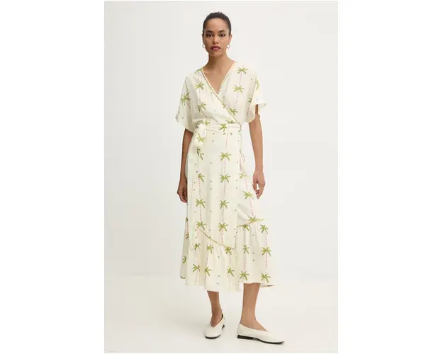 Never Fully Dressed rochie Wrap Dress culoarea bej, midi, evazati, NFDDR1383