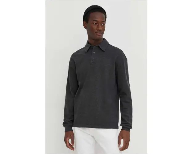 American Vintage longsleeve din bumbac culoarea gri, neted