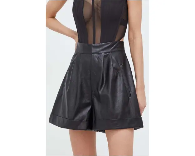 Bardot pantaloni scurti femei, culoarea negru, neted, high waist