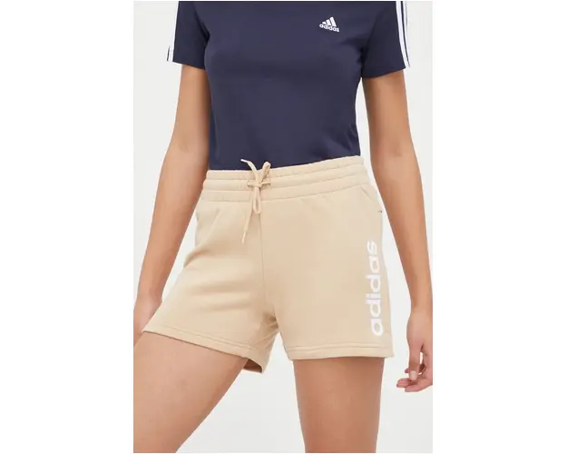 adidas pantaloni scurti din bumbac culoarea bej, cu imprimeu, high waist IS2079