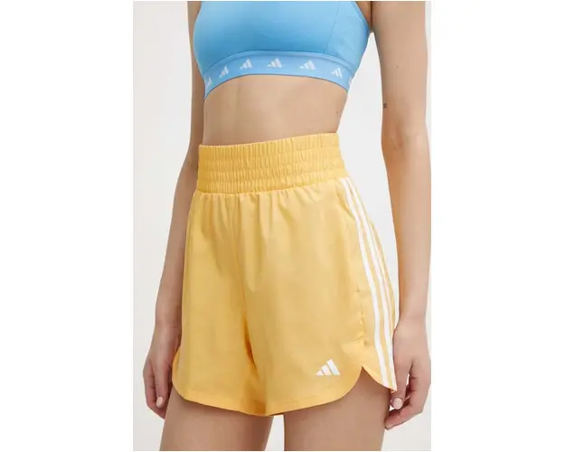 adidas Performance pantaloni scurti de antrenament Pacer culoarea galben, cu imprimeu, high waist, IS2179