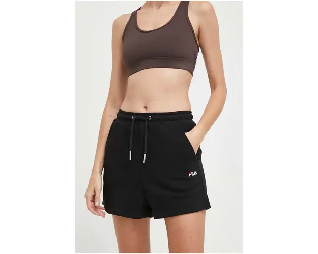 Fila pantaloni scurti femei, culoarea negru, neted, high waist