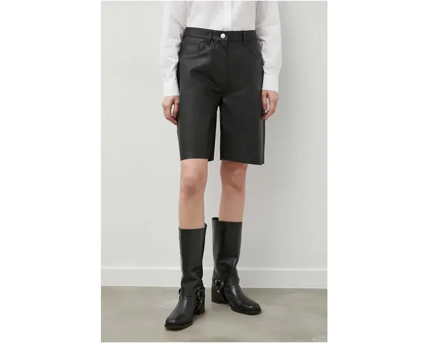 Samsoe Samsoe pantaloni scurti de piele femei, culoarea negru, neted, high waist