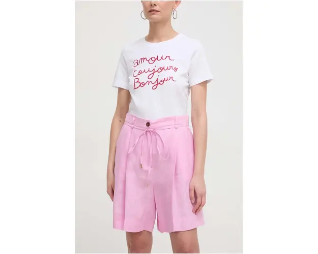 Marella pantaloni scurti din in culoarea roz, uni, high waist 2413140000000