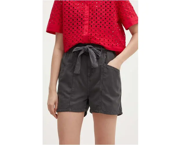 Pepe Jeans pantaloni scurti VALLE femei, culoarea gri, neted, high waist, PL801097