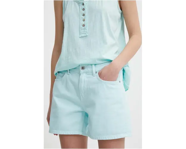 Pepe Jeans pantaloni scurti jeans femei, culoarea turcoaz, neted, high waist