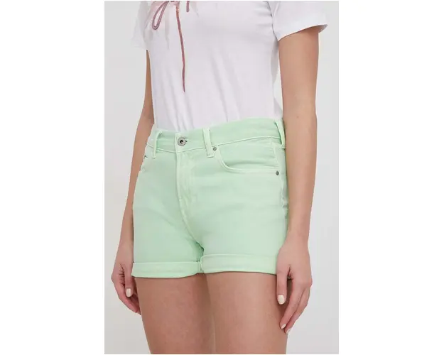 Pepe Jeans pantaloni scurti jeans femei, culoarea verde, neted, high waist